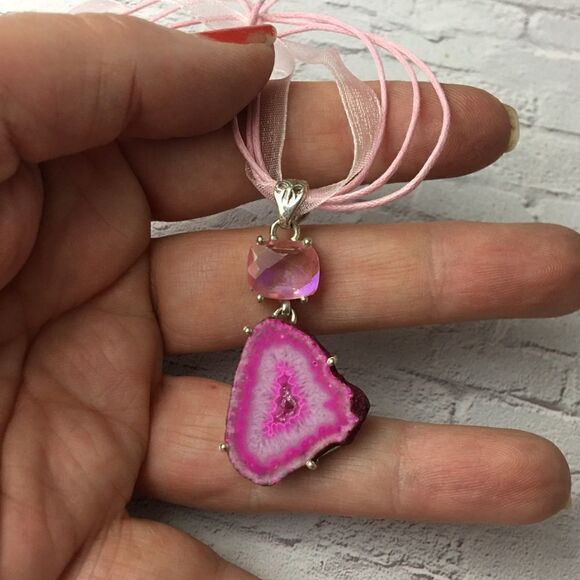 Pink Geode Druzy & Moonglow Fire Topaz Pendant - Picture 1 of 4
